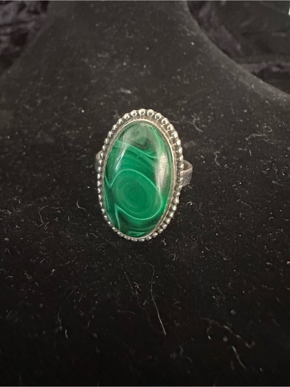 Green Malachite Oval Stone Ring with Silver Bezel